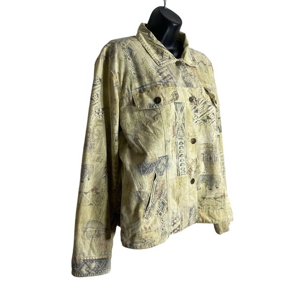Chicos Denim Jacket Womens 2 Tribal Aztec Button Artsy Boho Lightweight Pockets - Picture 4 of 9